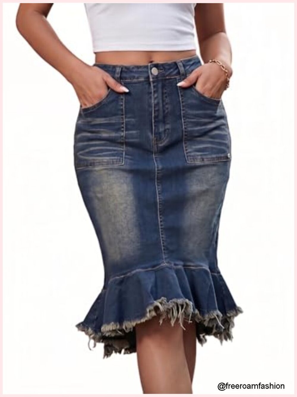 High Waisted Denim Midi Skirt Ruffle Frayed Hem A-Line Jean Skirt with Pockets
